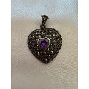 Vintage Heart Shaped Amethyst Marcasite Sterling Silver 925 Marked Pendant